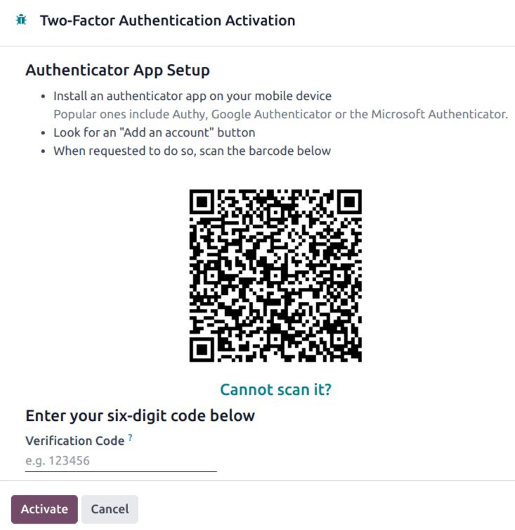 The 2fa authentication QR code in Odoo.