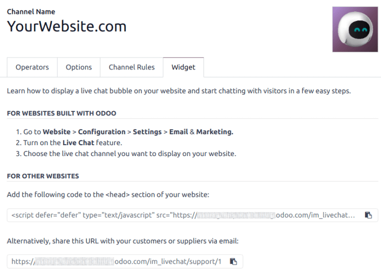 Vista de la pestaña "widget" en la aplicación Chat en vivo de Odoo.