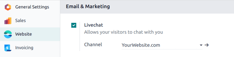 Vue de la page des paramètres et de la fonctionnalité de live chat pour Odoo Live Chat.