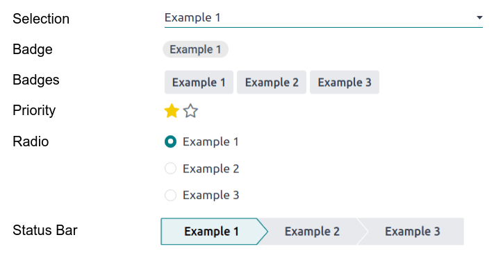 Exemples de champs Sélection avec différents widgets