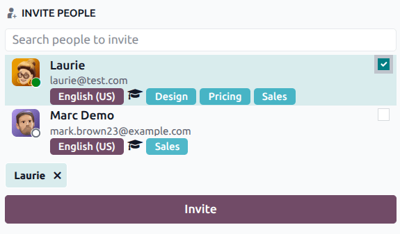 The add users menu in a live chat conversation.