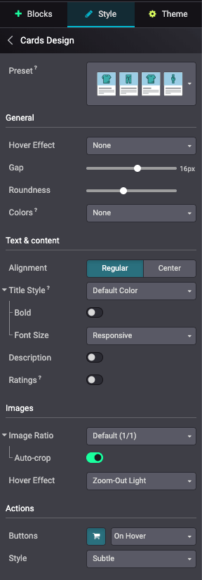 Available options for the product cards design