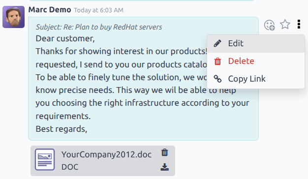 De optie Bericht bewerken in een chatter thread.
