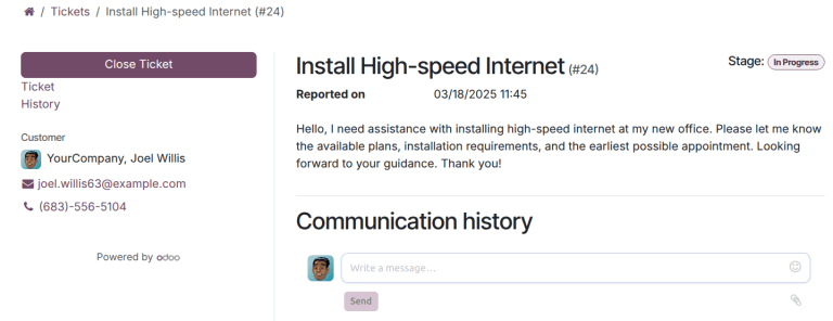 Klantweergave van het sluiten van een ticket in Odo Helpdesk.