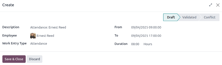 Filling in the work entry Create form in Odoo.
