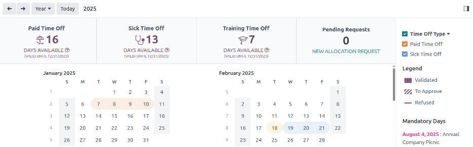 Time off dashboard view with the legend, time off summaries, and view buttons highlighted.