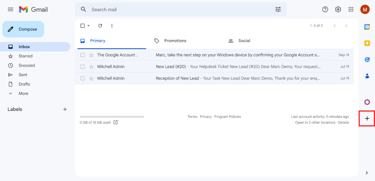 Plustekenpictogram op het zijpaneel van Gmail inbox.