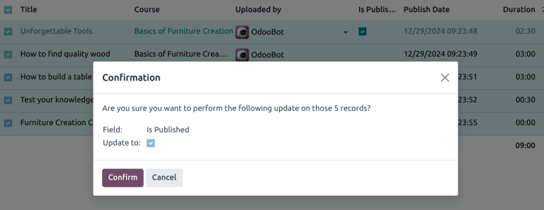 Weergave van een cursusinhoud die wordt gepubliceerd in de back-end van Odoo Helpdesk.