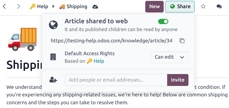 Weergave van een kennis artikel met de nadruk op de opties om te delen en te publiceren.