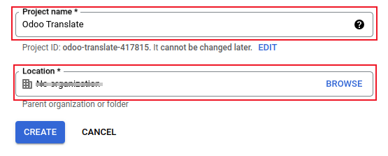 Projectnaam en -locatie voor Google OAuth.