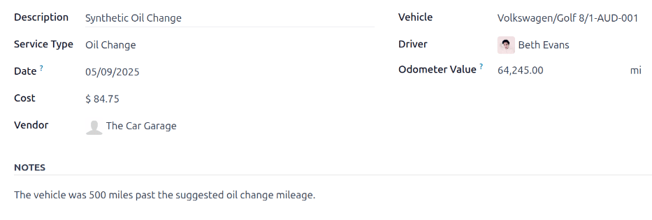 Enter the information for a new service. The required fields are Service Type and Vehicle.