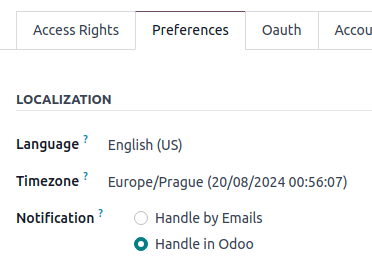 Weergave van het tabblad Voorkeuren voor Odoo Discuss.