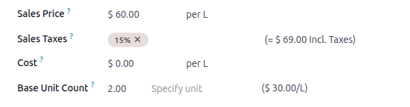 Cost per unit pricing on the product form.