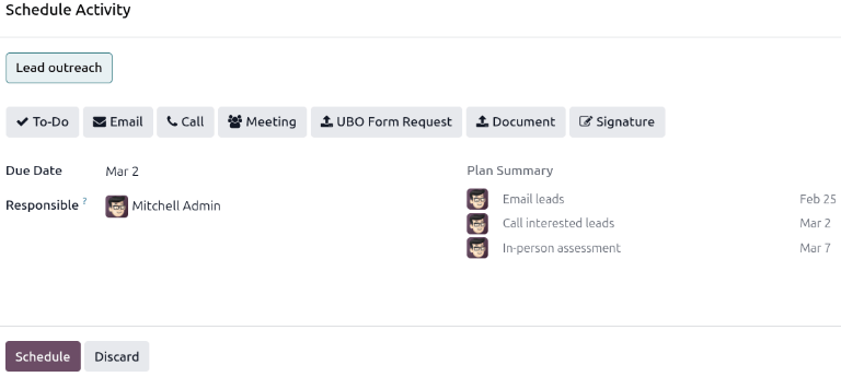 The schedule activity pop-up window with an Activity plan selected.