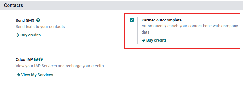 Weergave van de instellingenpagina en de activeringen van de functie in Odoo.