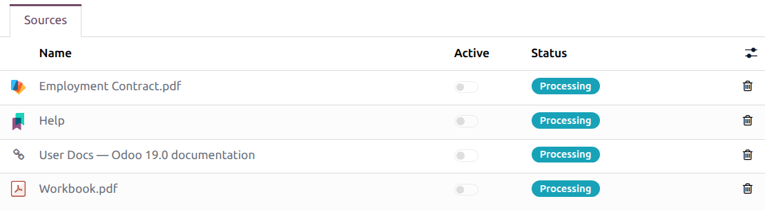 A list of sources for an agent, each denoted with their format.