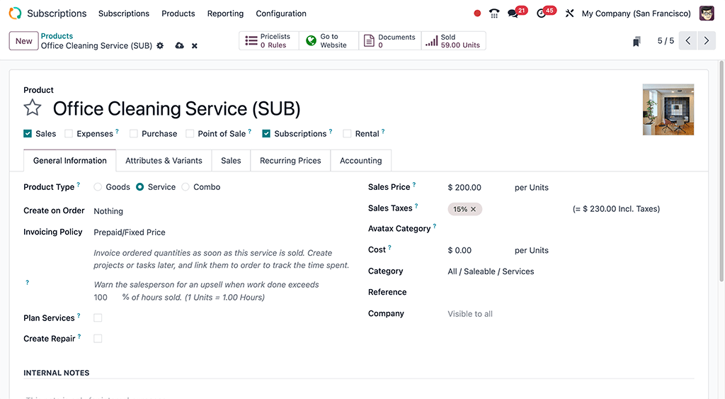 Een basisformulier voor een abonnement in Odoo Abonnementen.