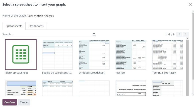 Het pop-upvenster spreadsheet van de pagina Abonnementenanalyse.