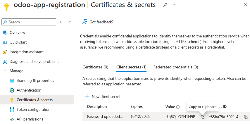 Adding a secret to a Microsoft Azure app