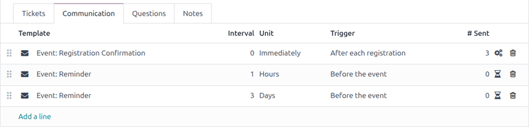 Typical communication tab on an event form in the Odoo Events application.
