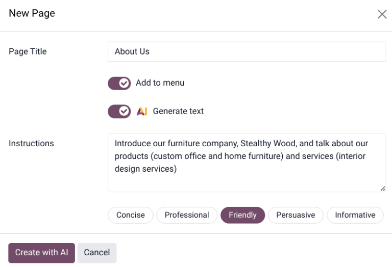 The new page pop-up window with the "AI Generate text" options.