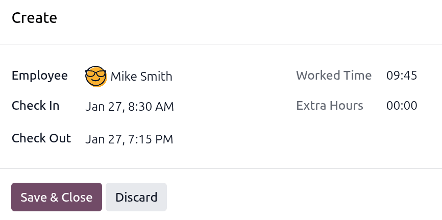 An Attendances app record form, filled out for Mike Smith for January 27, 2026.