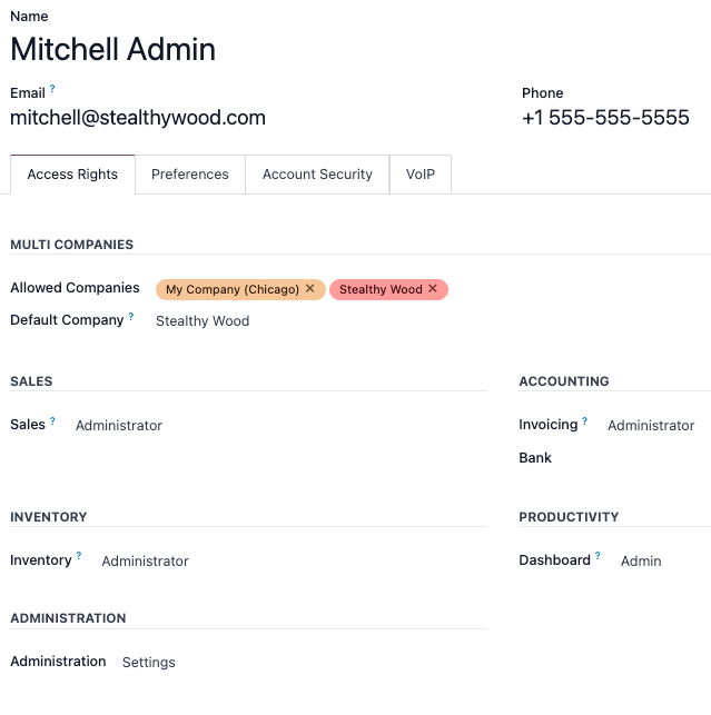 View of a user's form emphasizing the access rights tab in Odoo.