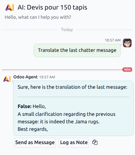 A response from an agent with the send, log, and copy options visible.