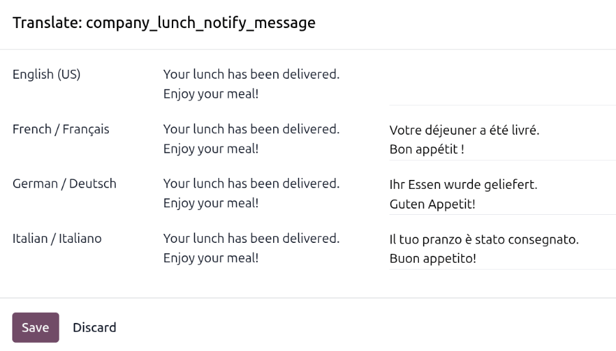 The translation text box with the current language at the top and translations below.
