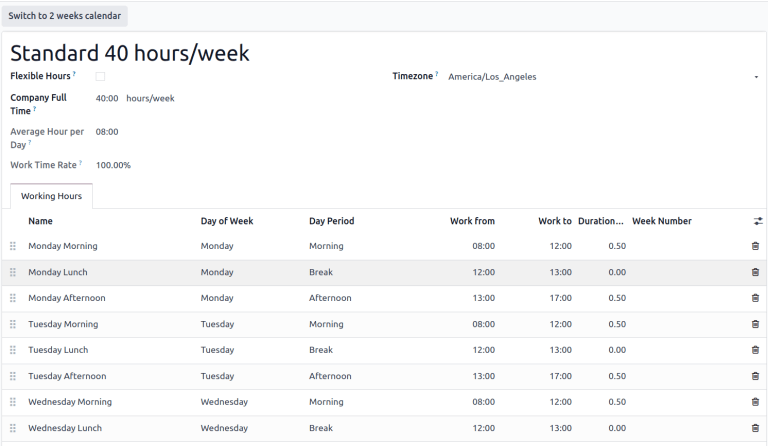 The working hours form for Standard 40 hours/week.