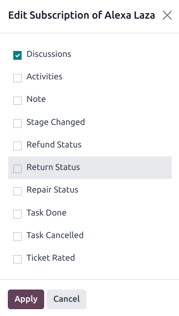 La ventana para editar suscripción en un ticket de soporte al cliente.