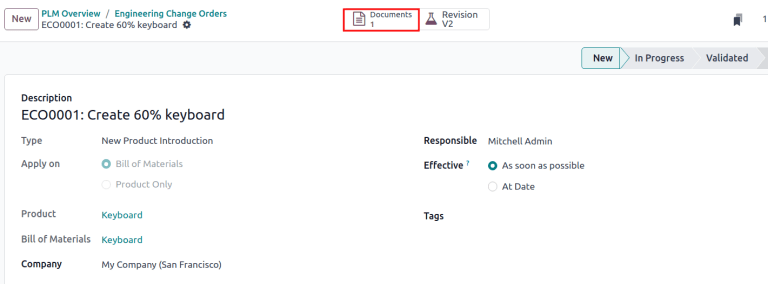 Botón inteligente *Documentos* desde una orden para cambio de ingeniería activa.