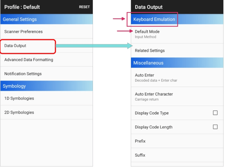 Página de ajustes de salida de datos del escáner Cipherlab.
