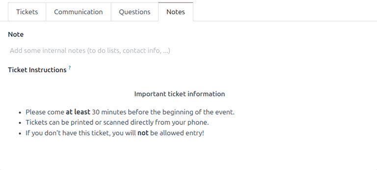 Una pestaña de notas común en un formulario de evento en la aplicación Eventos de Odoo.