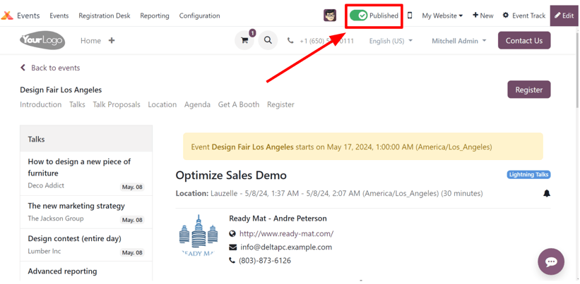 Las opciones de submenú de eventos relacionados con la sesión en un sitio web de eventos creado con la aplicación Eventos de Odoo.