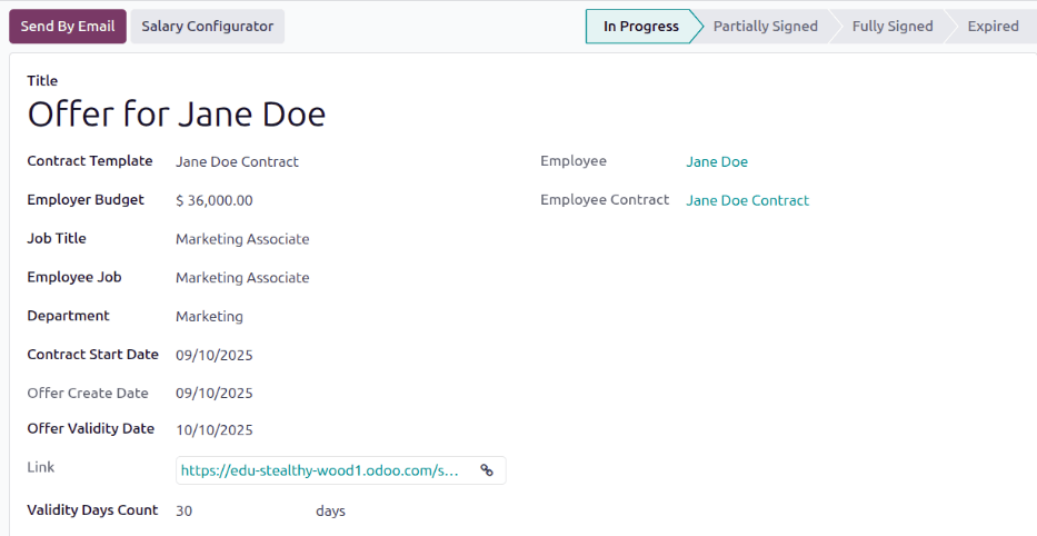 Envío del contrato al empleado a través de uno de los botones.