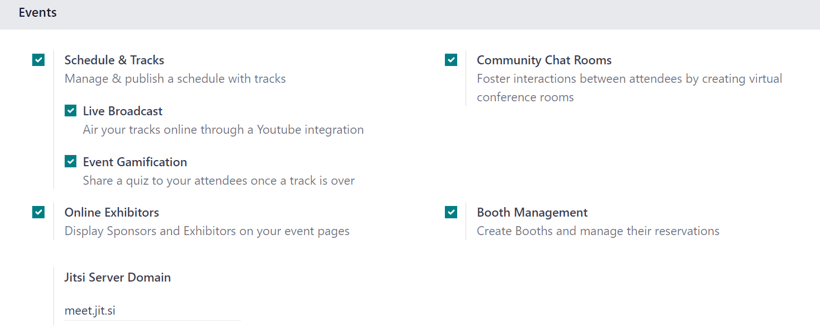La sección Eventos en la página de ajustes en la aplicación Eventos de Odoo.