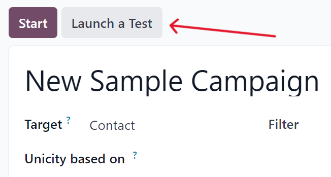 Bouton Lancer un test sur un formulaire de campagne dans Odoo Marketing Automation.
