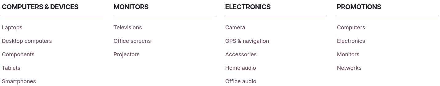 Méga menu dans la barre de navigation.