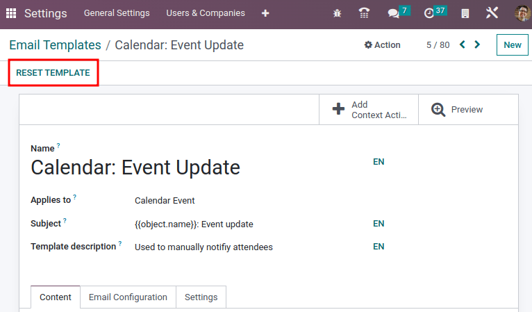 Réinitialisation du modèle d'e-mail.