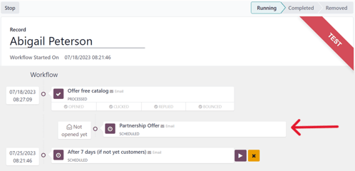 Progression du flux de test dans Odoo Marketing Automation.