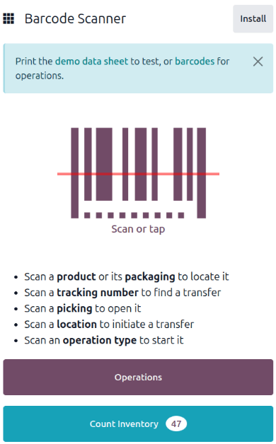 Barcode app start screen with scanner.