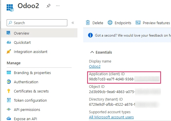 Application/Client ID in het overzicht van de app.