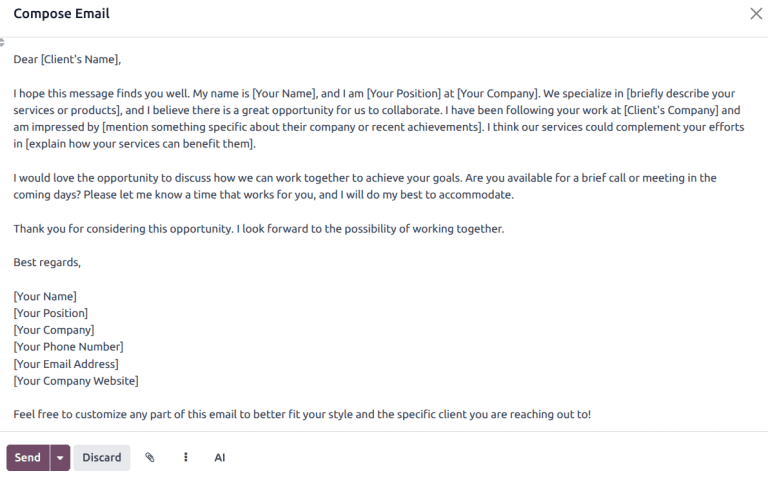 A draft of an email with text generated by AI.