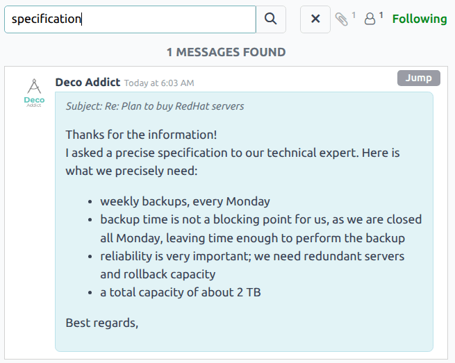 Zoekresultaten in een chatter thread met de nadruk op het zoekpictogram en de springknop.