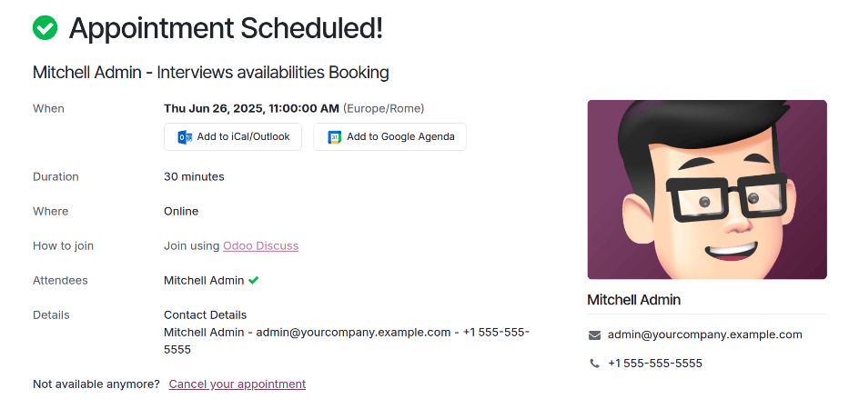 The confirmation page with all the details for the interview displayed.