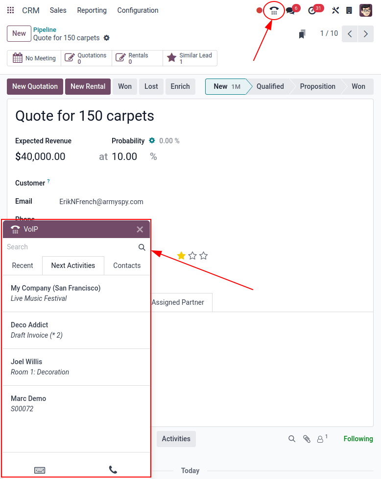View of CRM leads and the option to schedule an activity for *Odoo Discuss*.