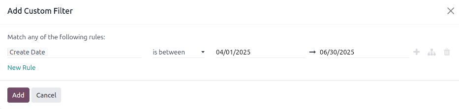 The Custom Filter pop-up with the parameters set.