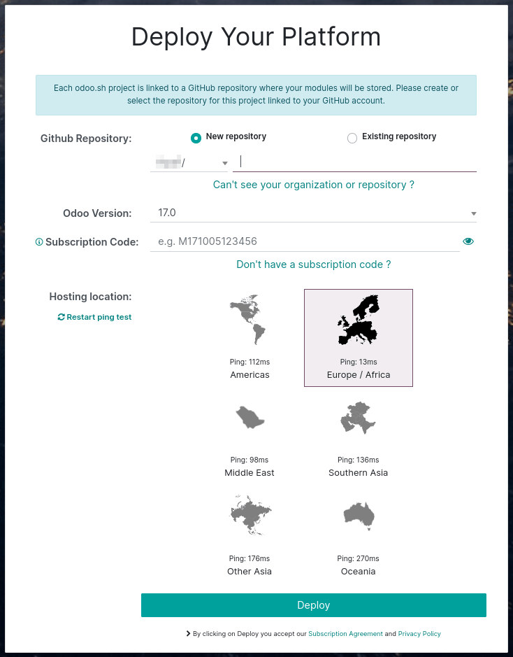 The Deploy your platform form