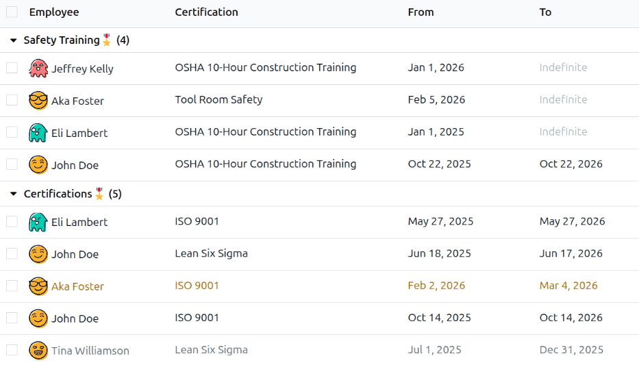 The list of employee certifications.